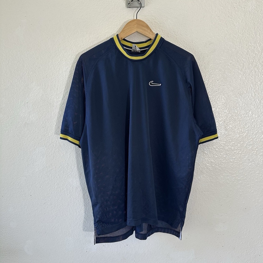 Vintage Nike Mesh Shirt Size M Navy Blue Yellow Jersey Shirt Y2K Skater Retro